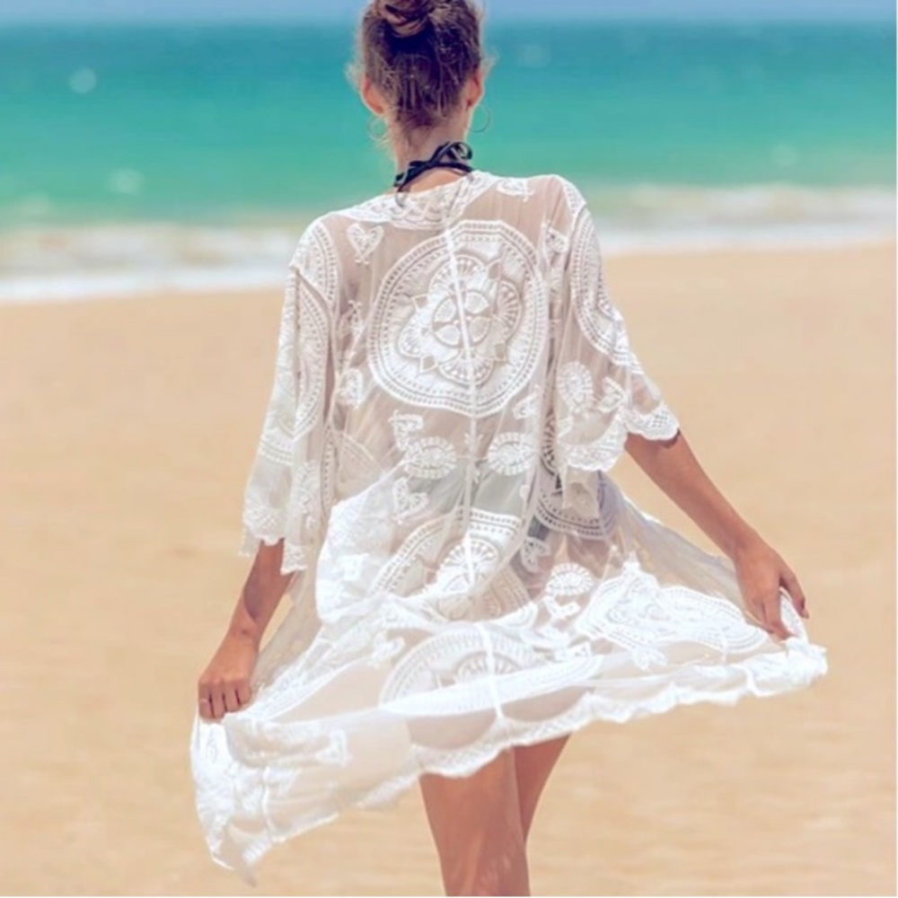 Sheer Embroidery Tie Front Mesh Kimono